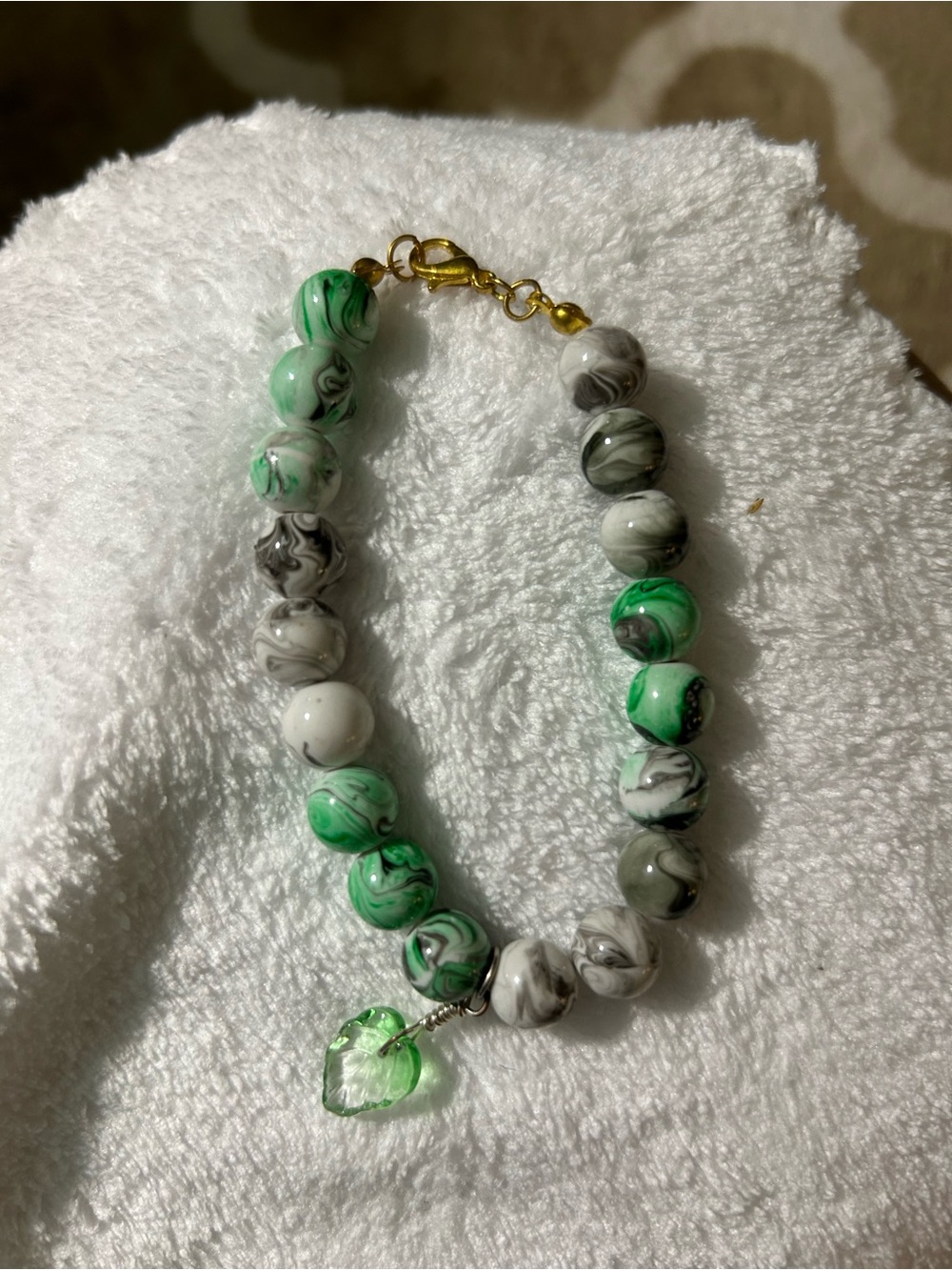 Handmade Green and White Beaded Bracelet with Heart Charm